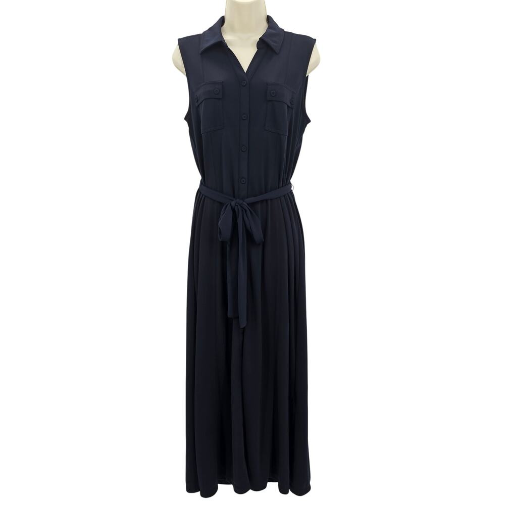 Talbots Womans size L Petite Sleeveless Collared Button Front Maxi Dress Navy